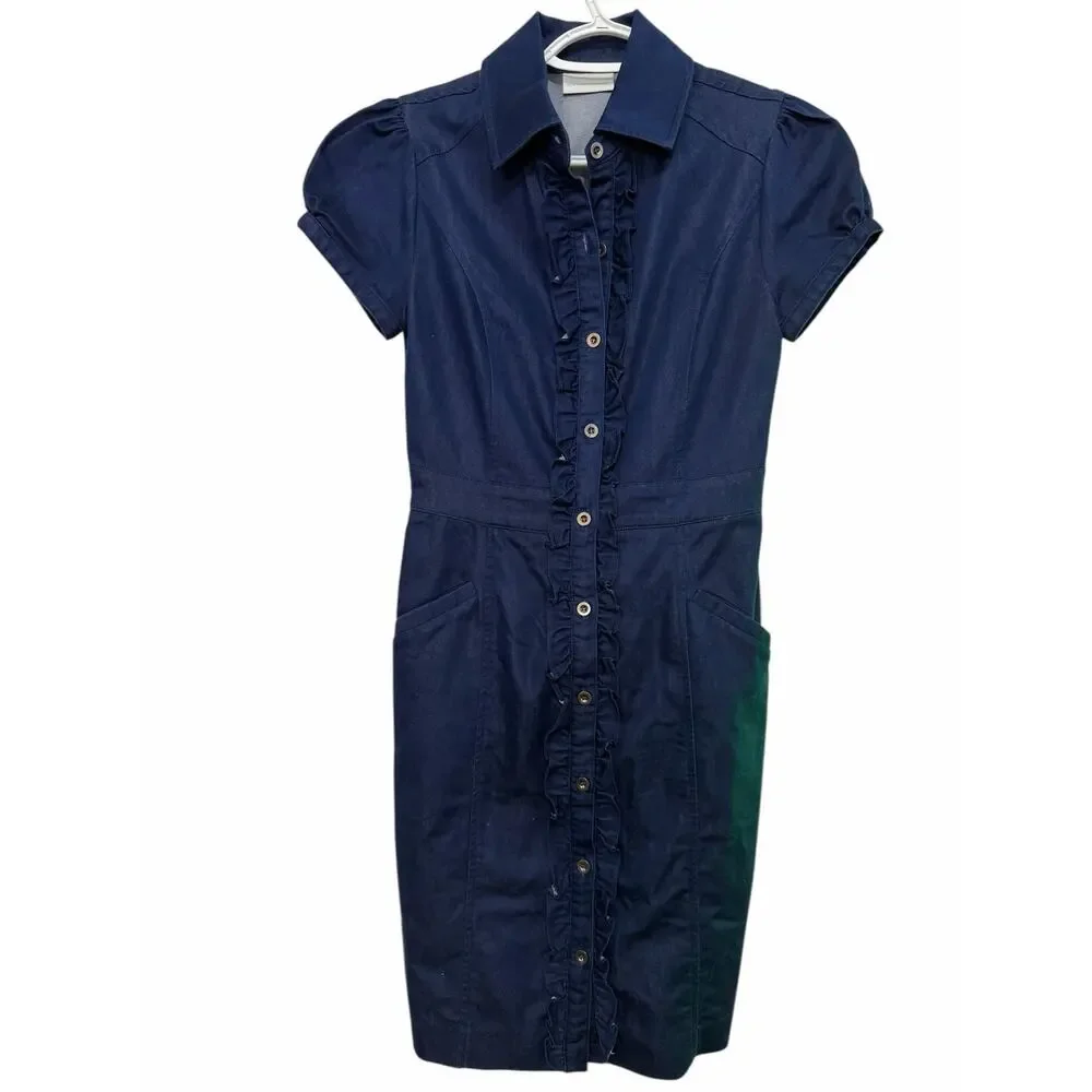 New York & Company Womens Dress XS Blue Denim Style Button Up Cap Sleeve Collar